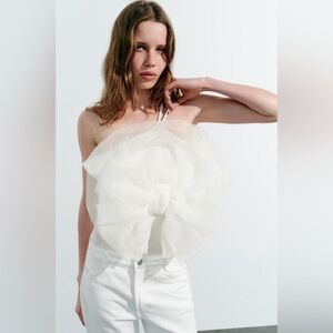 Zara Elegant White Tulle bow bodysuit Top